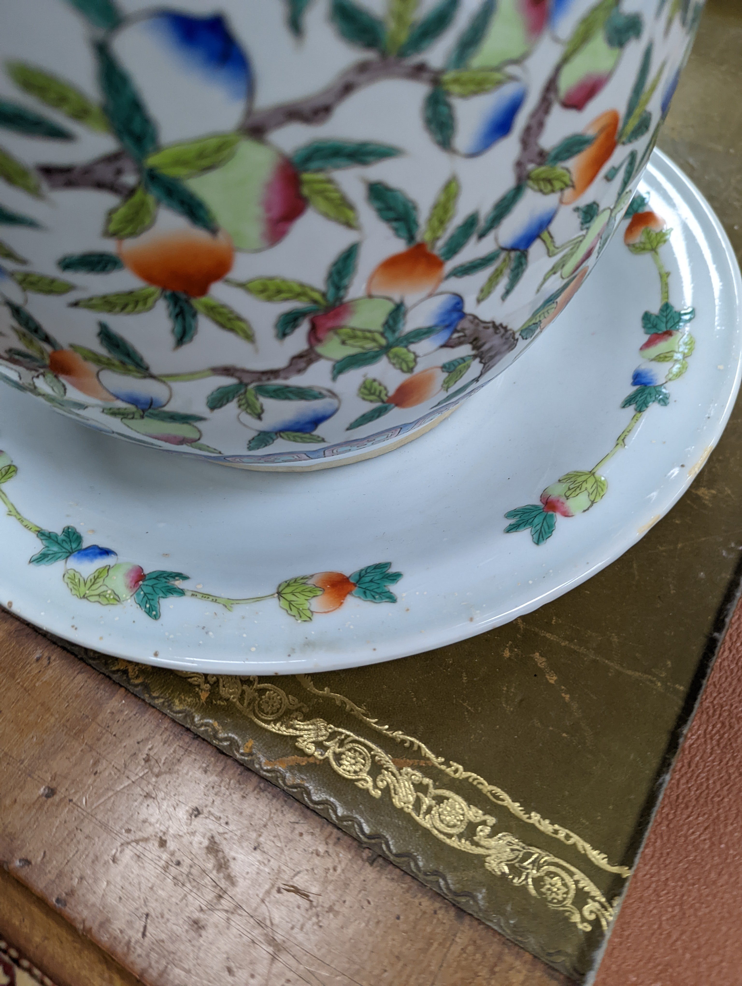 A 20th century Chinese porcelain jardiniere and dish, diameter 36 cms.